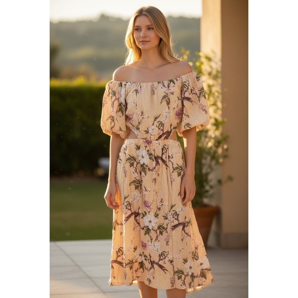H&M Linen Blend Floral Off Shoulder Cutout Midi Dress NWT Womens Size Large